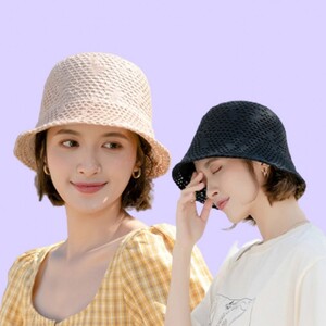 에이지리스에비뉴 왕골모자 여름 펀칭 벙거지 모자 버킷햇 썬캡 짜임 패턴 버킷햇 깊은 모자